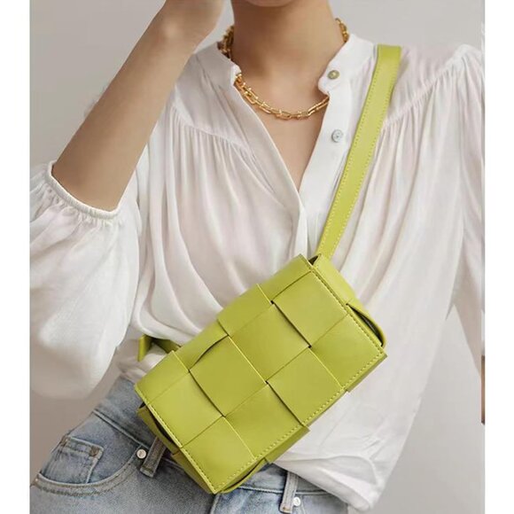 Mini Woven Faux Leather Crossbody Waist Pack Bag with Adjustable Belt Black - Picture 2 of 7